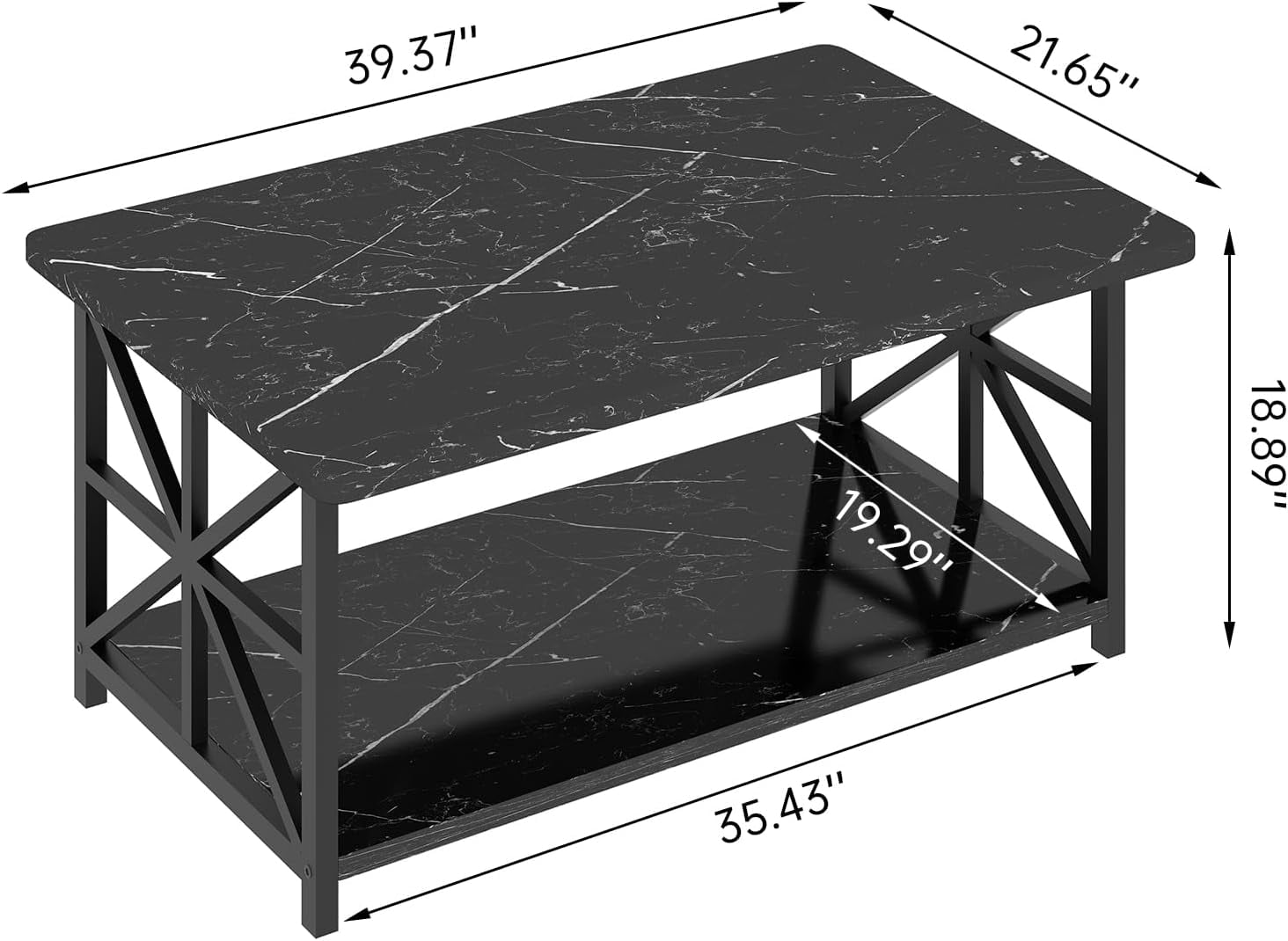 Cvortll Coffee Table Round Corners, 2 Tier Living Room Table with Storage Shelf, Rectangular Tabletop Center Desk for Small Spaces, Black