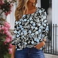 thumbnail image 6 of CYMMPU Women's Summer Fall Tunic Tops Vintage Basic Tees Floral Printed 3/4 Length Sleeve Pleated Slanted Neck Swing Shirts Business Work Blouses 2025 Clothes Navy S, 6 of 7