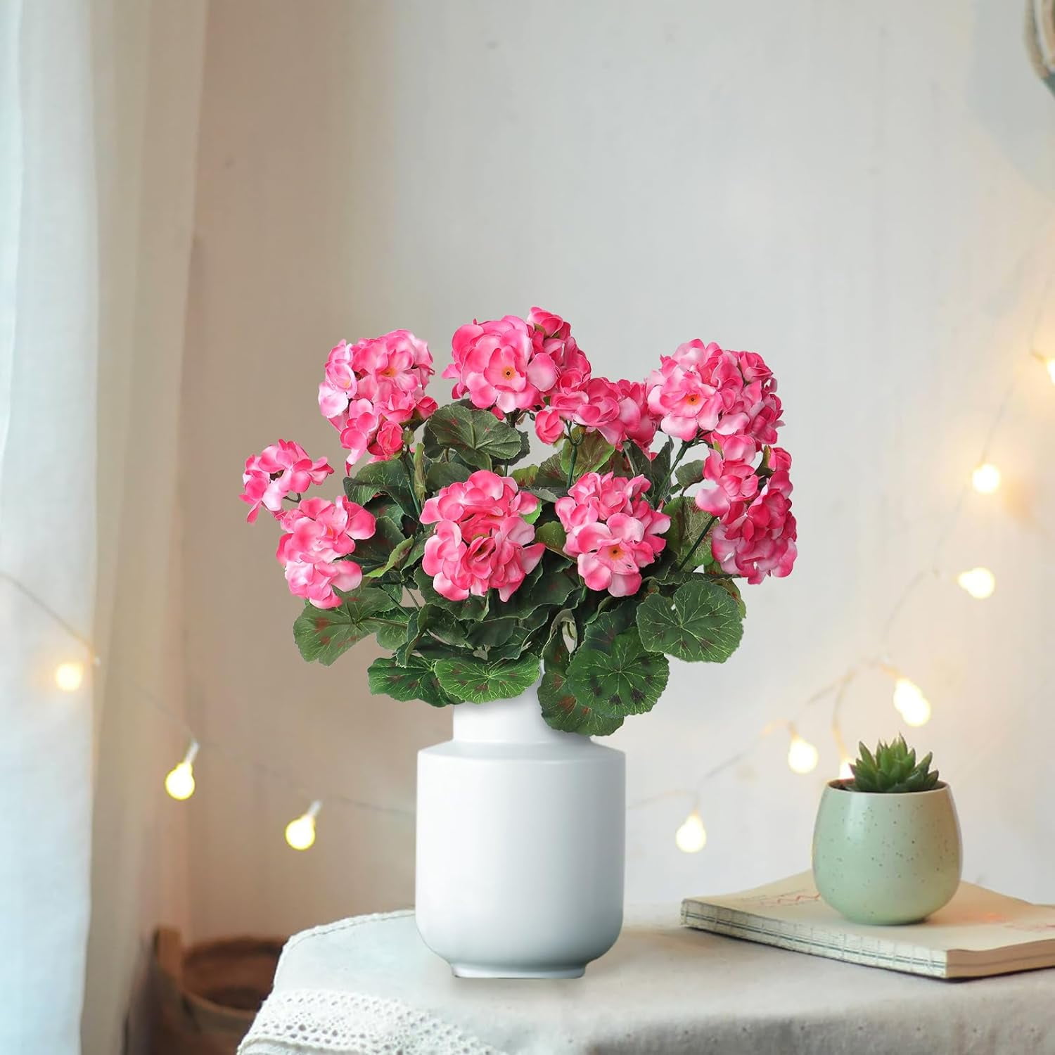 9 Pcs 14'' Artificial Geranium Silk Flower Outdoor UV Resistant Garden Plants Bush Faux Flowers for Home Wedding Kitchen Table Centerpieces Decor (Pink)