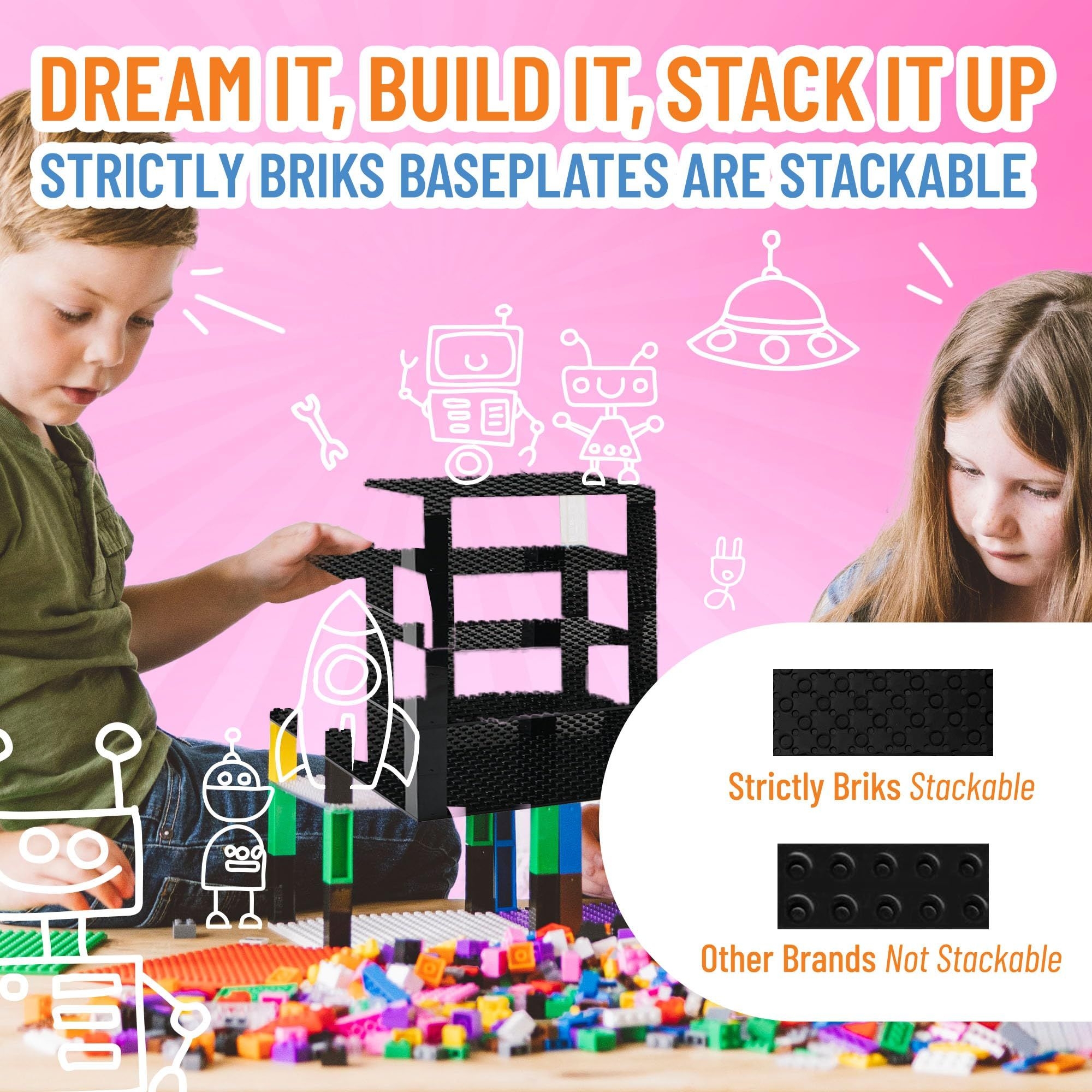 Classic Baseplates 10" x 10" Brik Tower by Strictly Briks | Major Brand Compatible | Building Bricks for Towers and More | 4 Black Stackable Base Plates & 30 Stackers