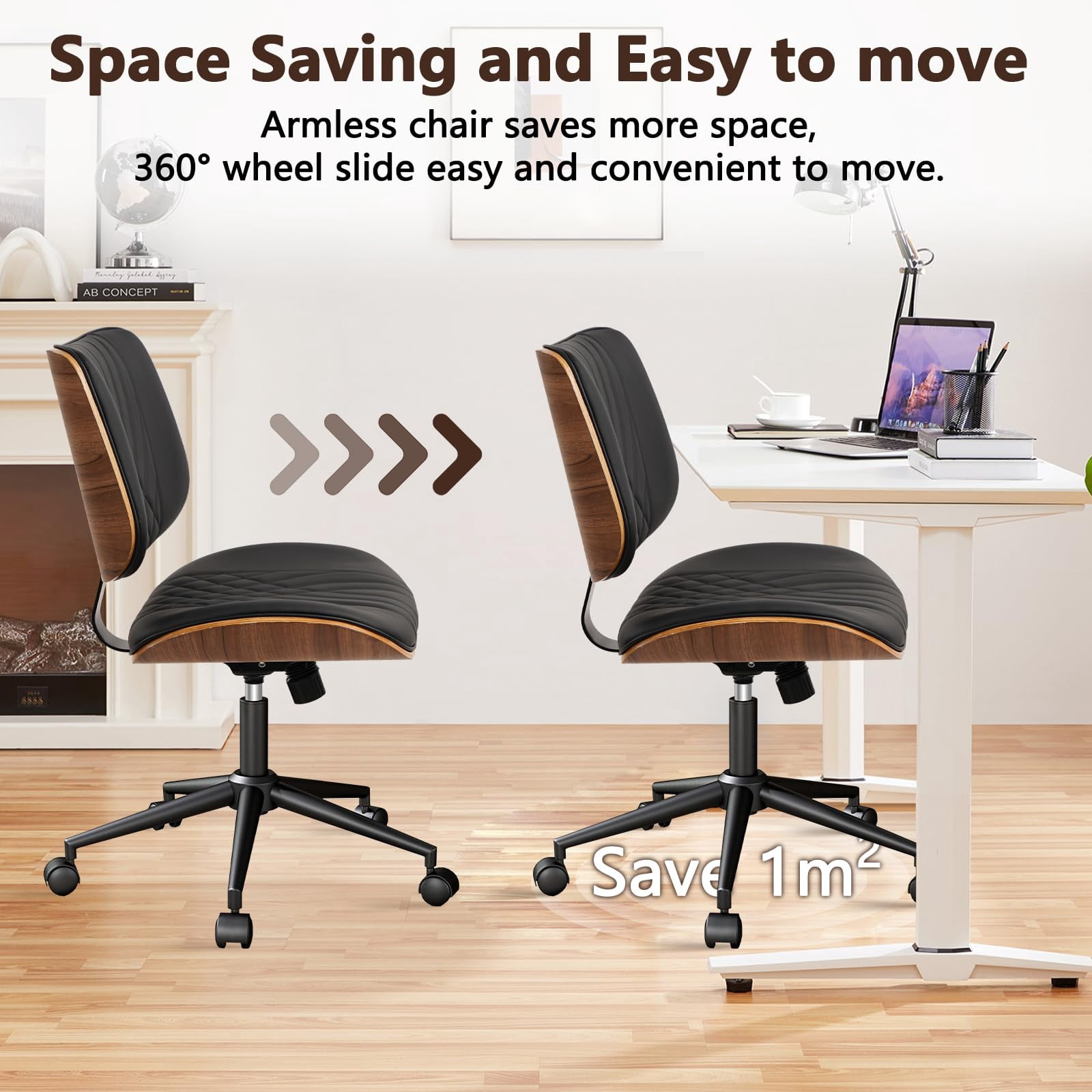 CLATINA Armless Home Office Chair, Desk Chair with Wheels, Adjustable Height Reading Chair, Leather Mid Back & Swivel Computer Chair, Modern Walnut Chairs with Back for Studio Meeting Room(Black)