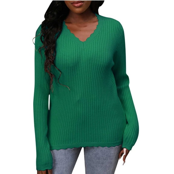 Women's Knit Ribbed Sweater Tops Long Sleeve V Neck Solid Color Sweatshirts Casual Fashion Pullover Blouse Shirts