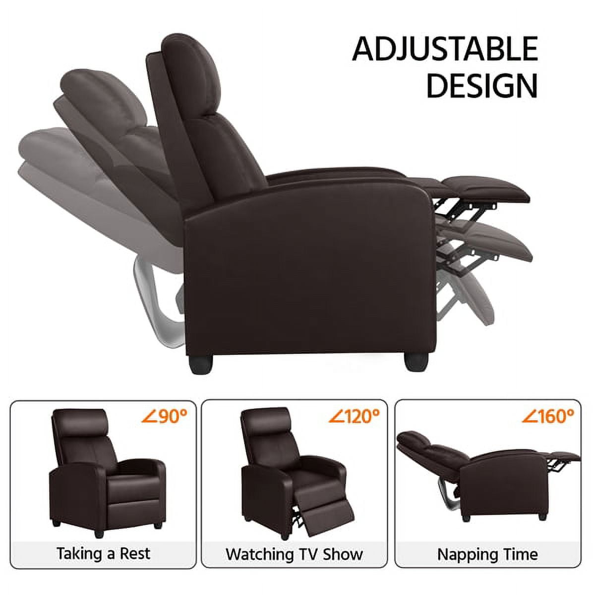 Alden Design Faux Leather Push Back Theater Recliner Chair with Footrest for Living Room, Brown
