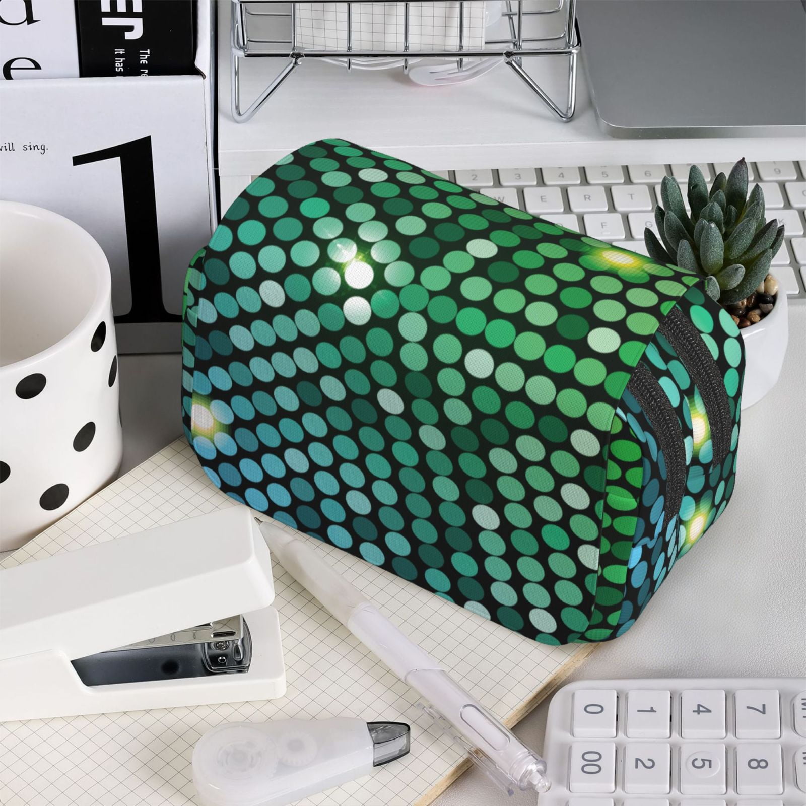 Rateoe Green Disco Lights Pattern Double Clamshell Pen Case, Storage Organizer with Two Zipper Compartments– Holds Up to 50 Pencils & Pens