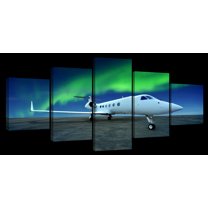 Elephant Stock Northern Lights Airplane Wall Art - Horizontal Multi Panel Canvas - 5 Pieceliving Room Wall Decor - Photography Transportation Multi Panel - Gray And Blue Decor - 74" x 34"