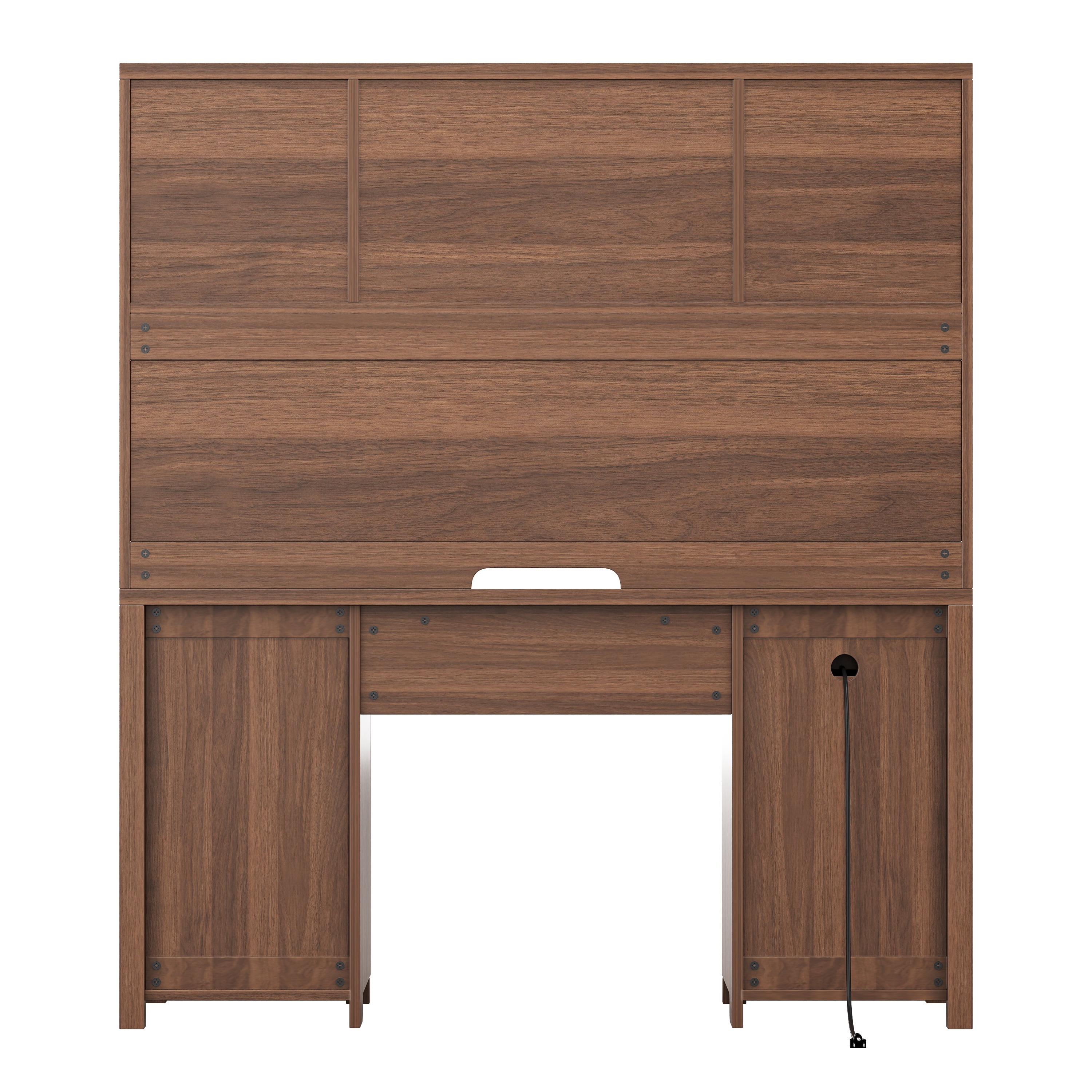 Aukfa Farmhouse Computer Desk with Hutch & Charging Station, Home Office Executive Desk, Sliding Barn Doors and 5 Drawers,Walnut