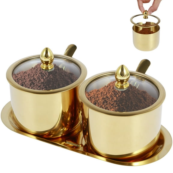 Ikoopy Stainless Steel Sugar Bowl Set Glass Lid Spoon Tray Rustproof Seasoning Box Round Condiment Pots Polished Shiny Sugar Container Seasoning Jar Kitchen Spice Container Canister Salt Candy
