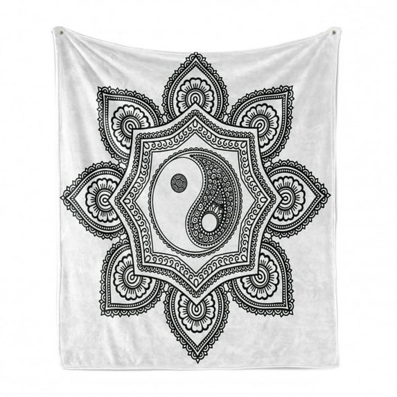 Black and White Soft Flannel Fleece Throw Blanket, Mandala Yin and Yang Flourishing Nature Ornate Petal Design, Cozy Plush for Indoor and Outdoor Use, 60" x 80", Black and White, by Ambesonne