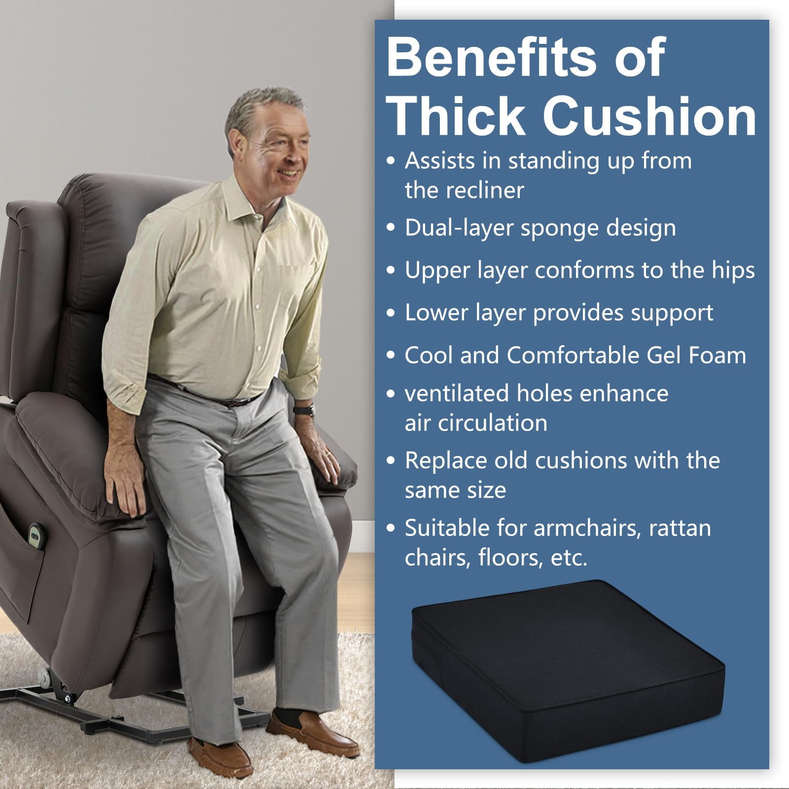 Shinnwa Large Recliner Cushion for Elderly 22 x 22 x 5 Inches Dual-layer Memory Foam Seat Cushion Riser Chair Cushion for Couch Armchair, Black
