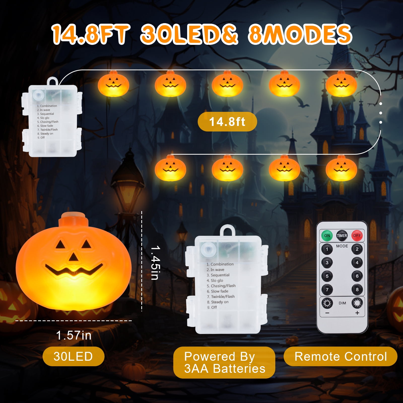 Qoosea Halloween String Lights 14.8ft 30 LED Pumpkin Latern Outdoor Indoor Decoration Orange Holiday Bulbs 8 Modes Battery Operated