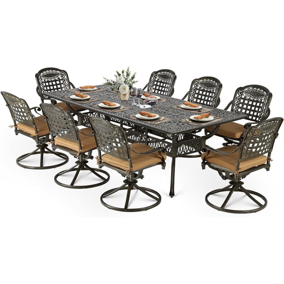VIVIJASON 9-Piece Outdoor Dining Furniture Set, Cast Aluminum Patio Table & Chairs Set for 8, Include 94.5" Rectangular Dining Table and 8 Swivel Rocker Chairs with Umbrella Hole, Khaki Cushion