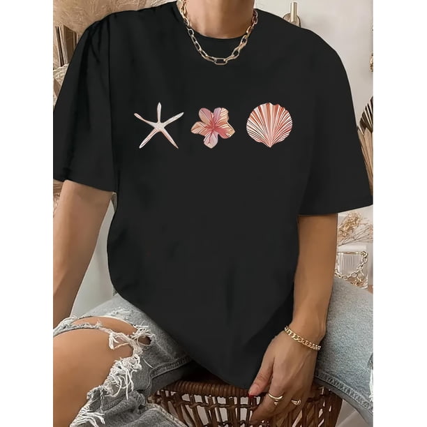 One Piece Round Neck Printed T-shirt, Vintage Casual Printed T-shirt Top for Women