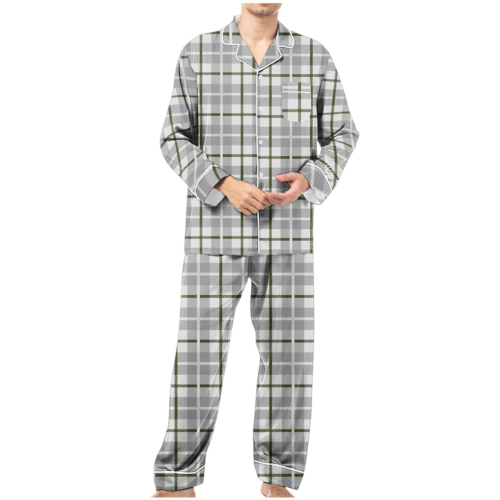 ALLLIST Pajamas for Men Set Collared Sleepwear Black Long Sleeve Tops & Bottom Plaid Button Down Pajamas for Men S-3XL