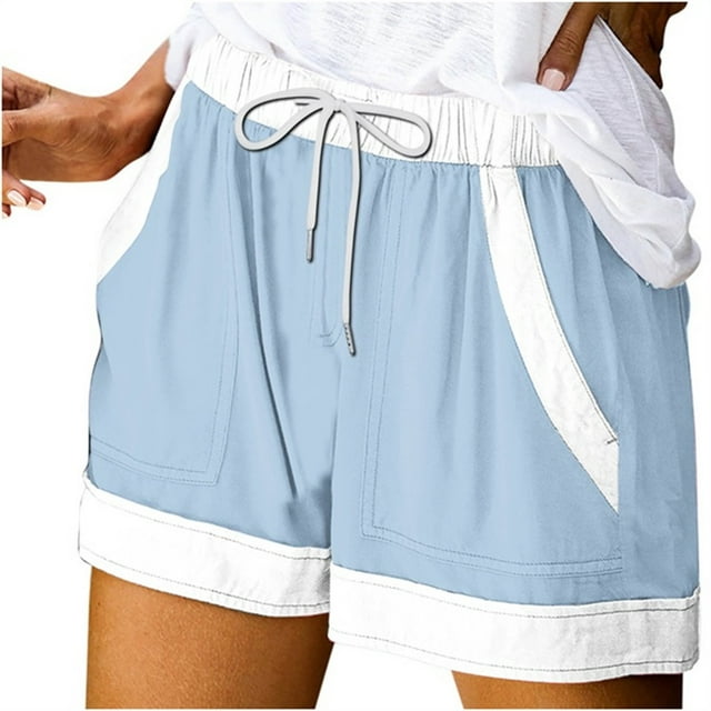Plebaso Womens Summer Shorts Color Block Drawstring Casual Shorts Loose Activewear Shorts with Pockets