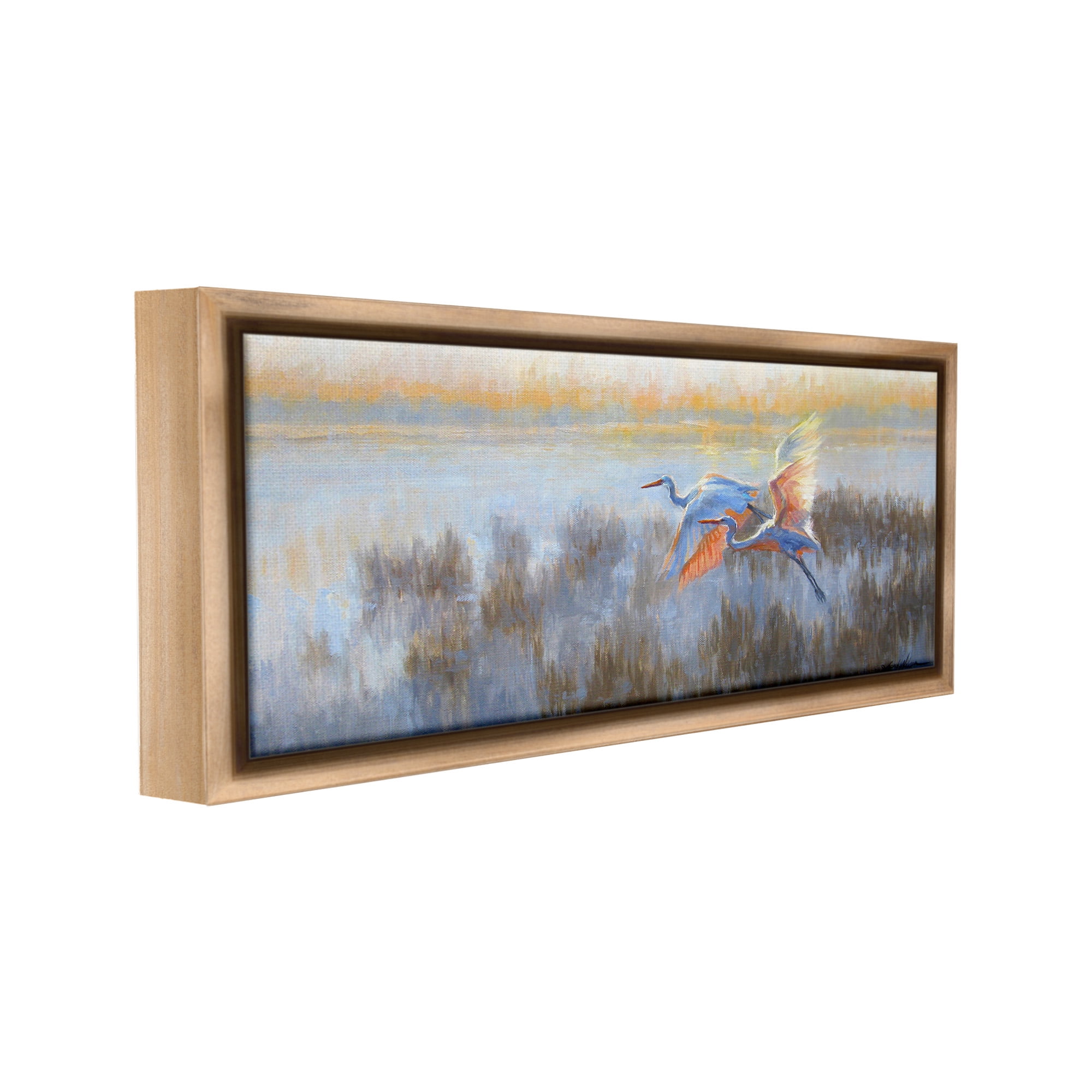 Stupell Industries Crane Birds over Lake Animals & Insects Painting Brown Floater Framed Canvas Art Print Wall Art, 31 x 14