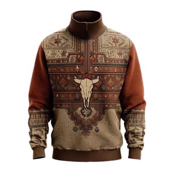 Men Sweatshirt Retro Cowboy Half Zip Stand Collar Hoodless Pullover Vintage Style Top
