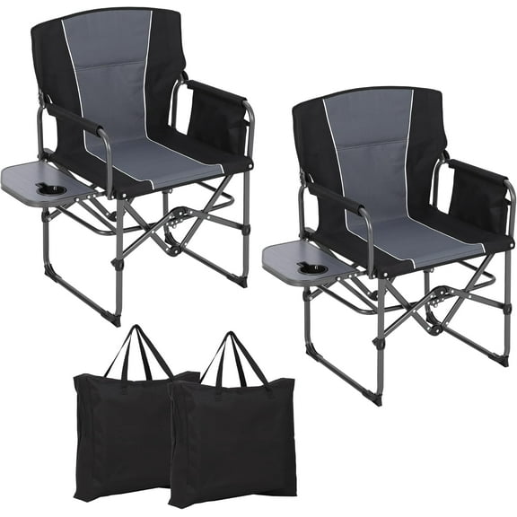 Historyli 2 Pack Portable Folding Rocking Chair,Folding Camping Chair with Side Table Drink Holder, Directors Chairs with Armrests,Comfortable Backrest for Picnic,Beach,Fishing,Black Grey