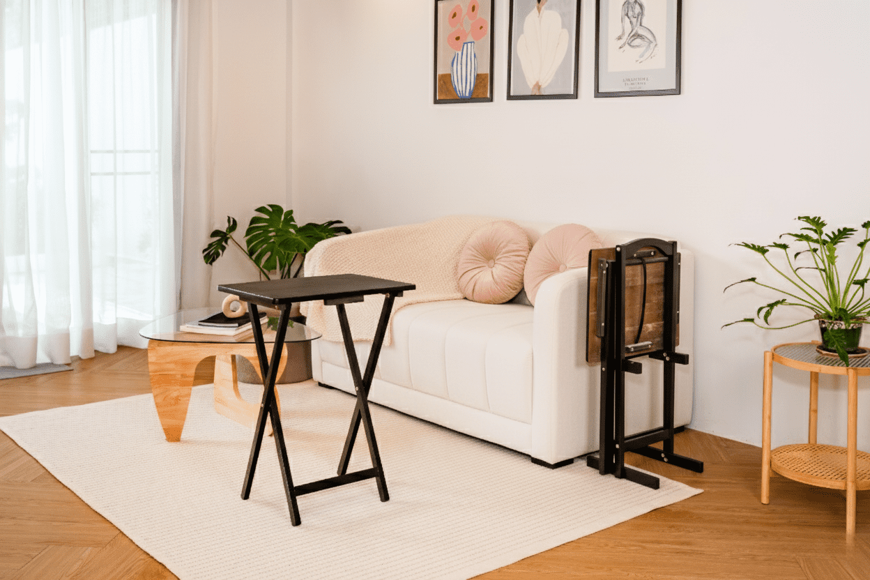 Mainstays TV Tray Table Set, 3-Piece with 2 Folding Rubberwood Trays and Storage Rack, Black