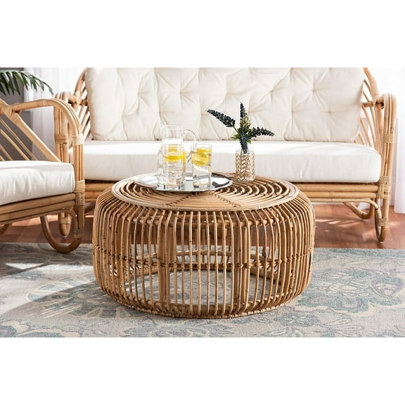 bali & pari Aliane Rattan BOHO Coffee Table with Circular Top, Openwork Frame, Natural Brown