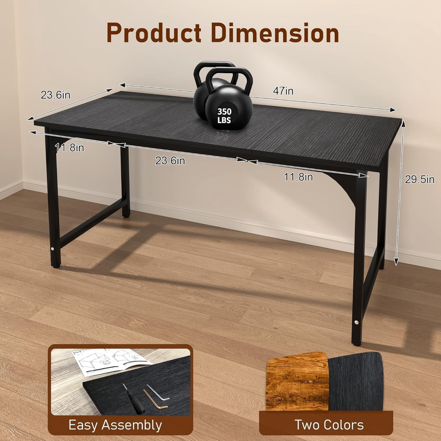 AZN 47 X 24 inch Computer Desk w/Deeper & Thicker Desktop, Office Desk w/Sturdy Metal Frame, Modern Simple Desk w/Large Legroom, Study Gaming Writing Work Desk for Home Office, Bedroom