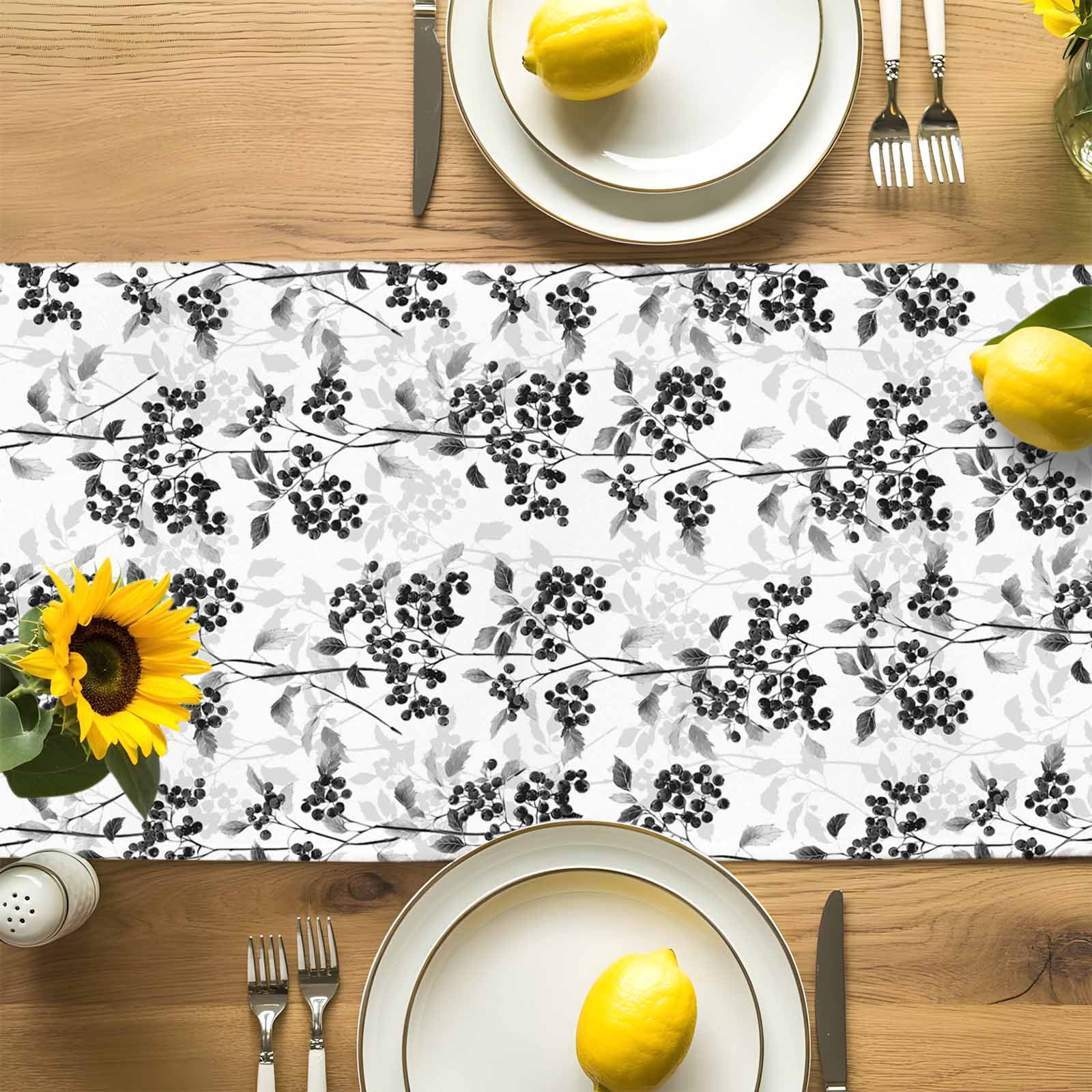 Black-gray Fruit Leaves on White Table Runner 90 Inches Long, Vintage Botanical Table Runners Tabletop Scarf Kitchen Dining Tables Decoration for Home Party Indoor Outdoor