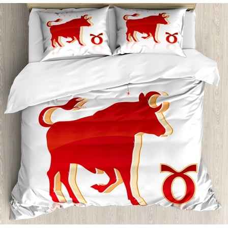 Zodiac Taurus King Size Duvet Cover Set, Vibrant Animal Silhouette with Constellation of the Horoscope, Decorative 3 Piece Bedding Set with 2 Pillow Shams, Vermilion and Pale Orange, by Ambesonne