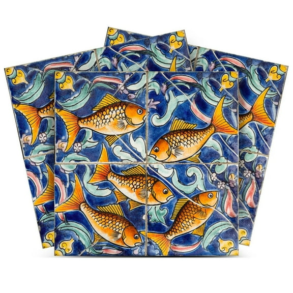 Mi Alma Fish Blue Orange Tile Stickers - Removable Vinyl 4x4, 24 pcs