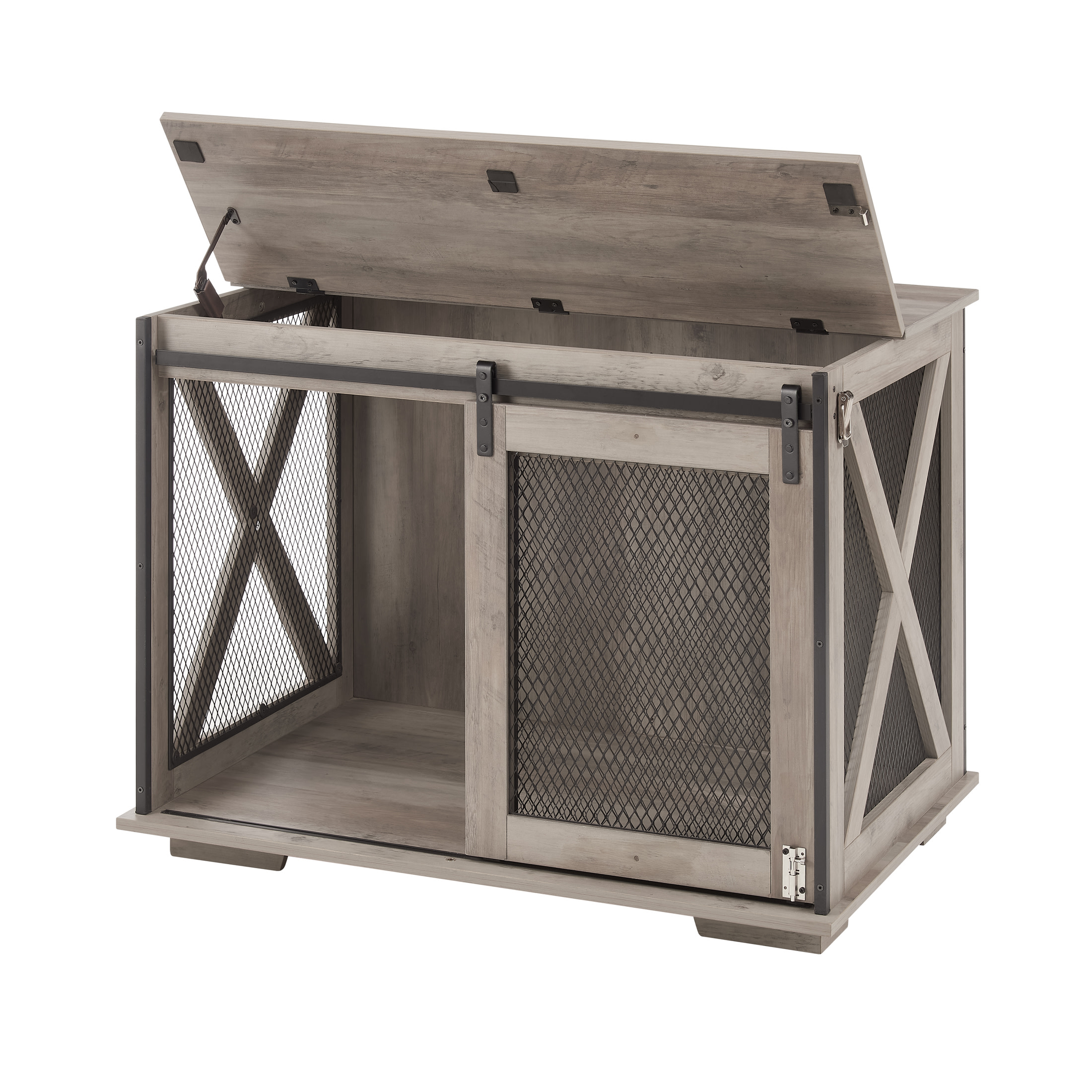 Noble House Farmhouse Dog Cage Crate Furniture, Sliding Barn Door Kennel End Table with Divider and Flip-Top, Gray Wash