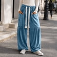 thumbnail image 2 of Evdexr Women's Pants Corduroy Elastic Drawstring Bottoms Bohemian Baggy Wide Leg Fashion Slacks Lounge Comfortable Trousers with Big Pockets Blue 2XL, 2 of 6