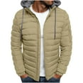 thumbnail image 3 of BiZtdJrK Mens Puffer Jacket with Hood Lightweight Warm Winter Coat Solid Color Casual Quilted Jackets with Zip Pocket, Beige, XXL, 3 of 7