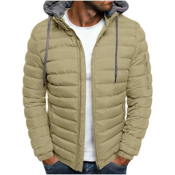 safuny Men's Hooded Jacket Padded Jacket Warm Outdoor Jacket Full Zip Closure Adjustable Hood Cargo Pockets able Casual Wear Spring Winter for Travel Beige L