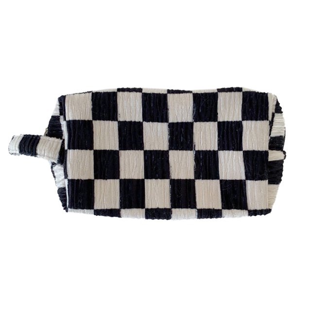 Hukapapa Bolsa de cosméticos con diseño de cuadros en blanco y negro, bolsa de almacenamiento portátil de gran capacidad