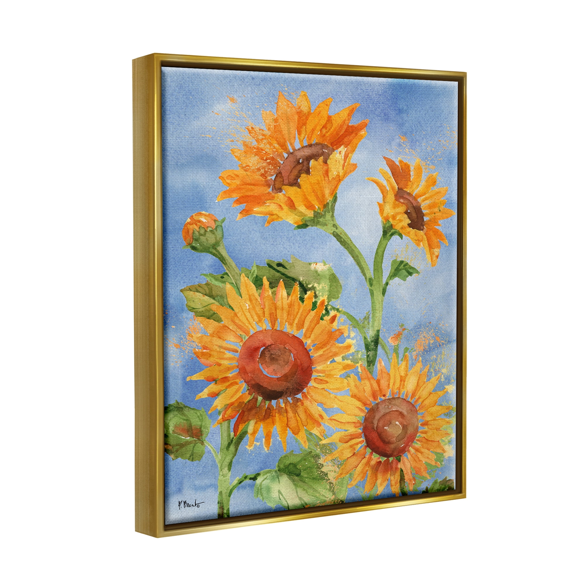 Stupell Industries Watercolor Sunflowers on Blue Botanical & Floral Painting Gold Floater Framed Art Print Wall Art, 25 x 31