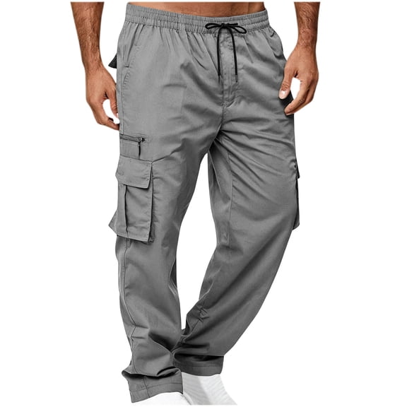 Axiiglly Cargo Pants for Men Elastic Drawstring Waist Straight Leg Work Pants Trendy Travel Hiking Pants with Multi Pockets