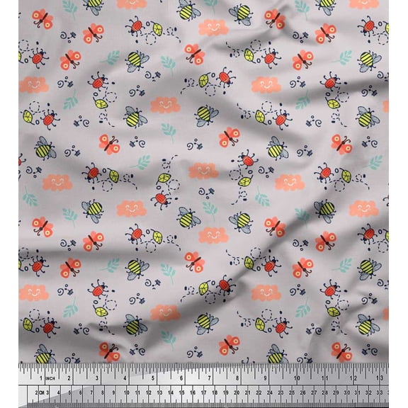 Soimoi Gray Velvet Fabric Honey Bee & Bettle Bee Insects Print Sewing Fabric BTY 58 Inch Wide