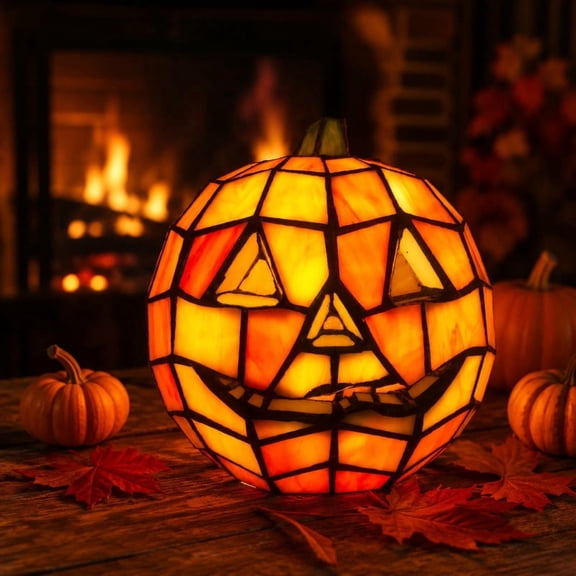 Halloween Decorations Indoor Stained Glass Pumpkin Lamp, Whimsical Fall Decor LED Night Light, Pumpkin Decor for Home Tabletop Shelf Mantel Halloween Display