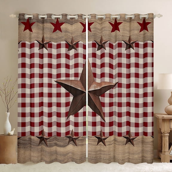 Manfei 3D Texas Stars Black Out Curtains,Vintage Geometric Checkered Curtains Pack of 2 (42x63 Each),Country Farmhouse Lodge Bedroom Curtains For Boys Kids,Super Cozy Room Decor