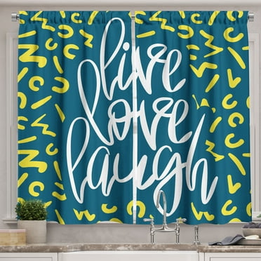 Ambesonne Live Laugh Love Kitchen Curtains, Romantic Design, 55"x39", Violet Blue White Yellow