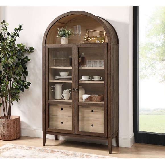 Modway Nolan 74" Tall Arched Storage Display Cabinet in Walnut Light Oak