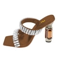 thumbnail image 2 of FSJ Women Graceful Rhinestone Double Strap Slide Sandals Slip On Square Open Toe Crystal Block Chunky High Heel Mule Dressy Shoes Size 13 Brown, 2 of 5