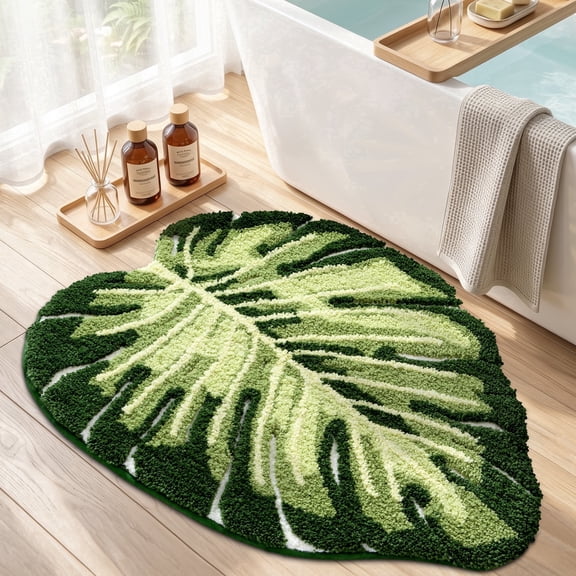 FRABE Cute Bathroom Rugs with Green Leaf Plant, Soft, Fluffy, Plush, Absorbent, Quick Dry, Non Slip, Machine Washable for Shower Floor, Bathroom, Bedroom,Kids Room, 23.5"x31.5", Monstera