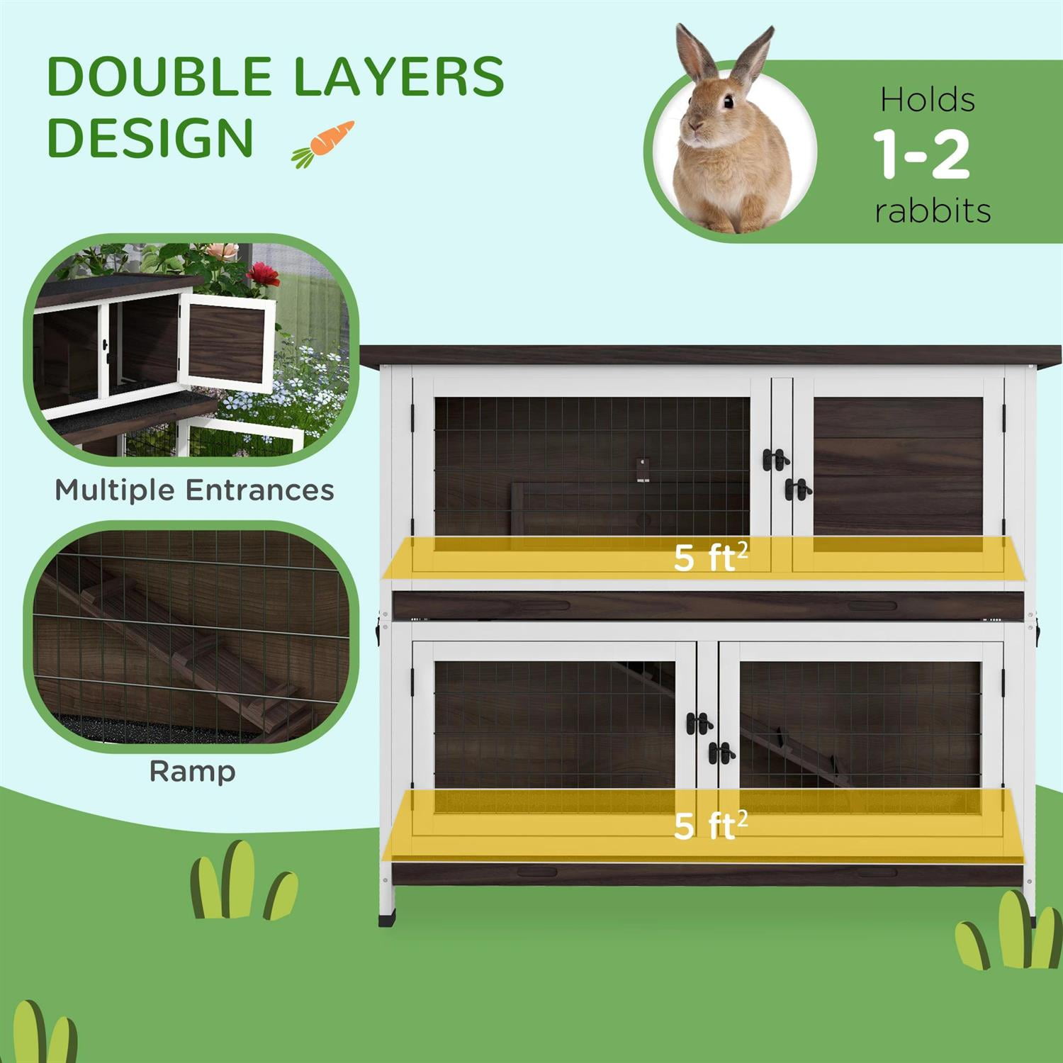 Pefilos 46" Outdoor Wooden Rabbit Hutch with Ramp, Removable Trays, Outdoor Bunny Enclosure Guinea Pig Cage for Small Animals, Brown