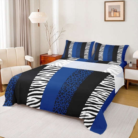 Feelyou Blue Leopard Print Full Size Sheets, Fashion Stripes Abstract Bed Sheets, Contemporary Style Sheet Sets, Super Cozy Room Decor, 4pcs