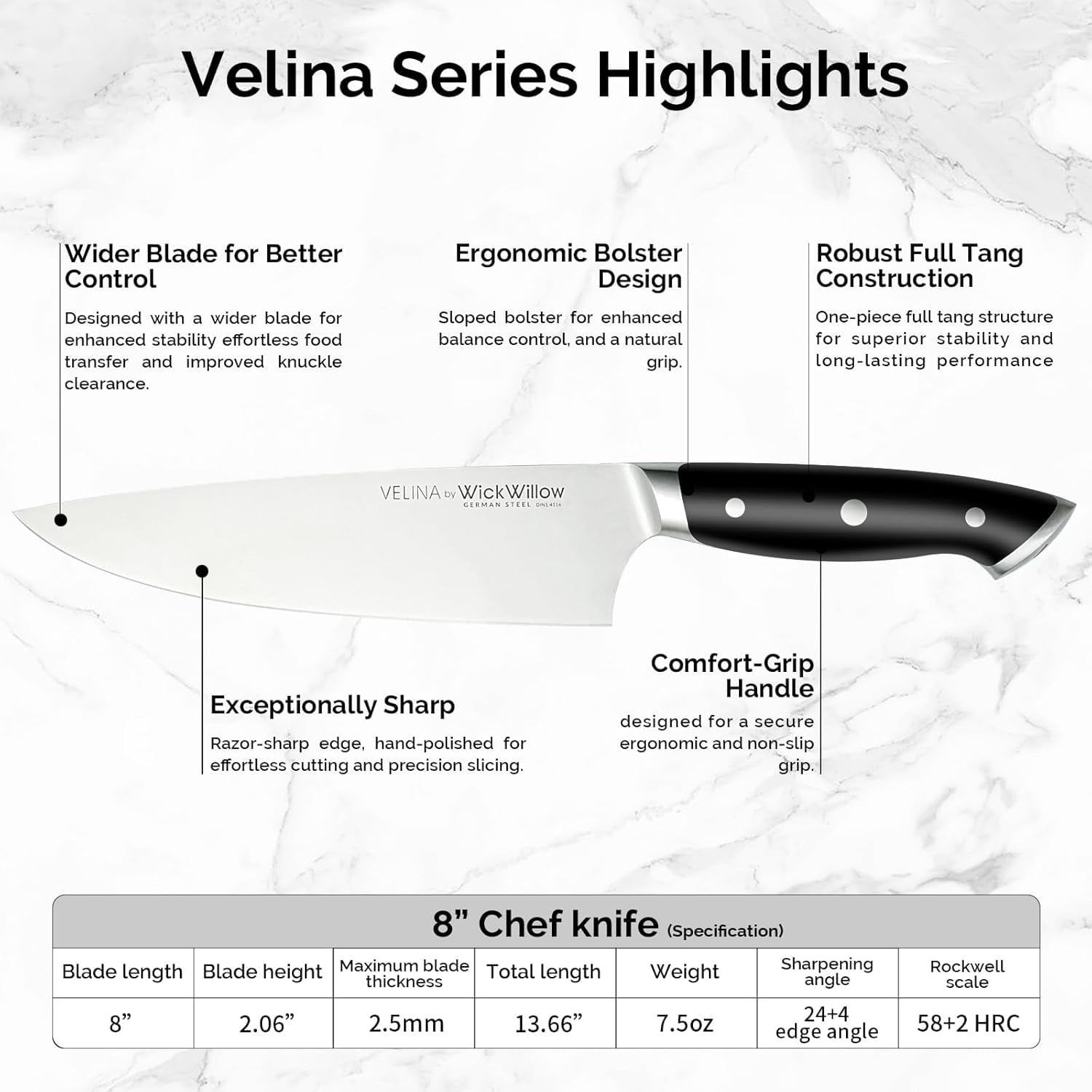 8” Chef Knife – Razor Sharp German Steel DIN1.4116 – All-Purpose Kitchen Knife for Slicing, Dicing & Chopping – Full Tang & Ergonomic Handle – Home Essential Kitchen Knife – Gift Box – Velina series