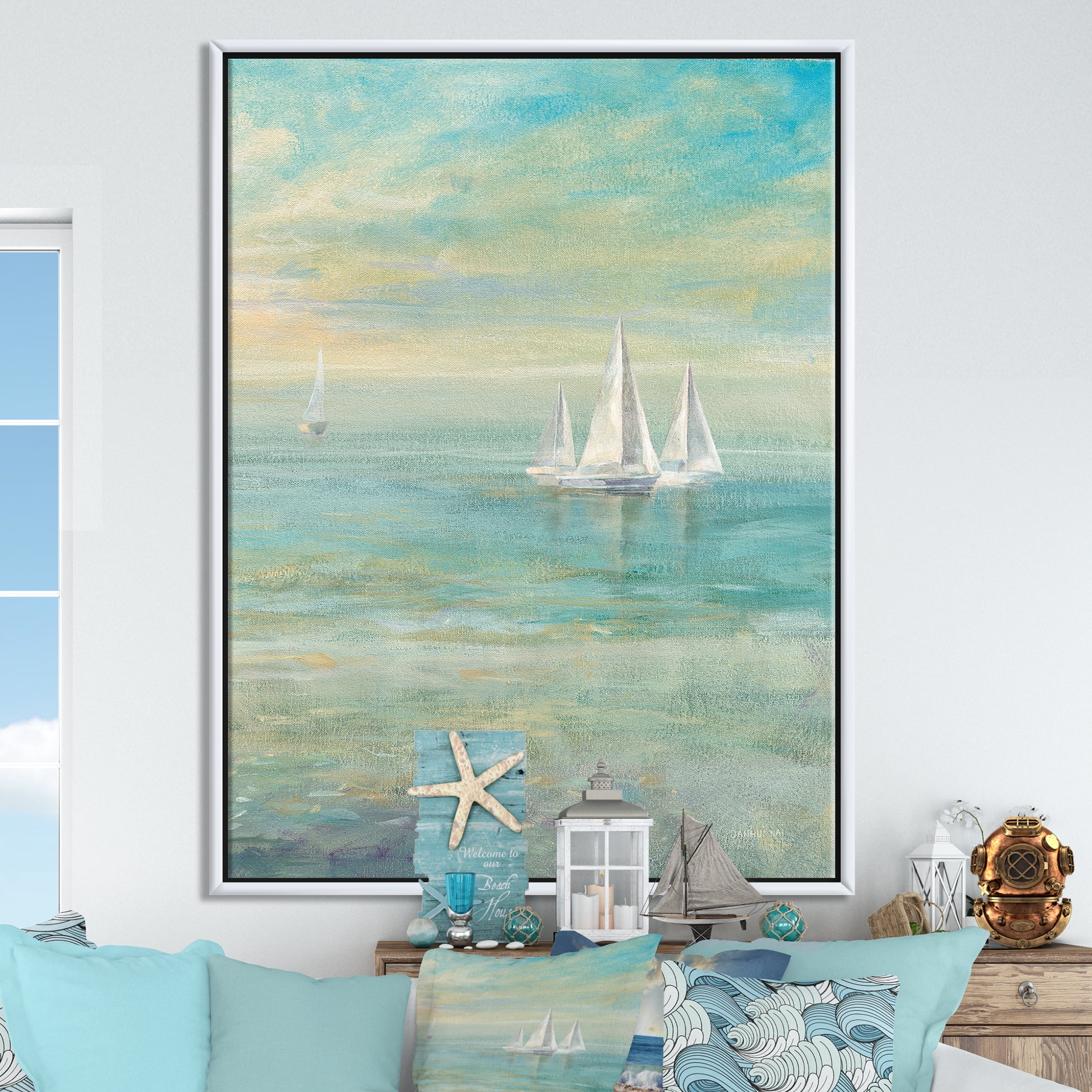 Designart ' Sunrise Boat II ' Nautical & Coastal Framed Canvas