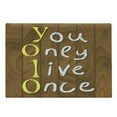 thumbnail image 1 of YOLO Cutting Board, Cartoon Style Wooden Rustic Background with Meaningful Gripping Slogan, Decorative Tempered Glass Cutting and Serving Board, Large Size, Brown Yellow and White, by Ambesonne, 1 of 1