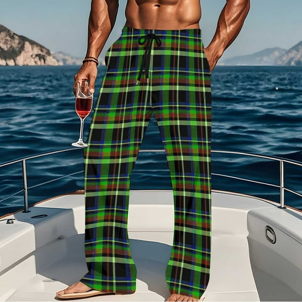 Pantalones de pijama largos para hombre, informales, con estampado a cuadros, holgados, deportivos, elásticos, rectos, vintage, con bolsillos