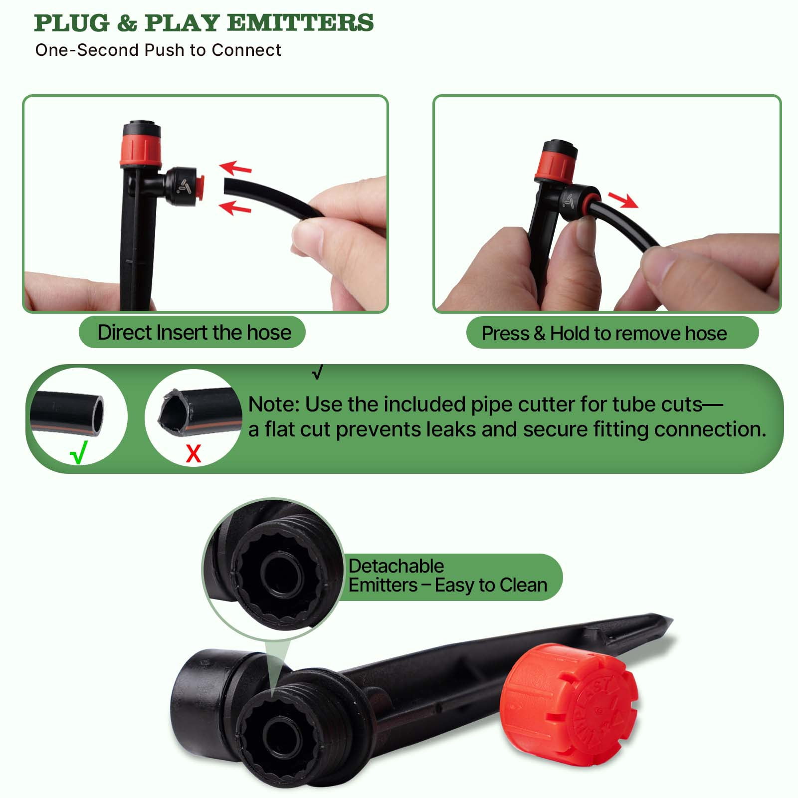 100FT Drip Irrigation System Kit, Quick-Connect Garden Watering System with 1/2” & 1/4” Tubing, Y Splitter, 22 Adjustable Emitters & Nozzles for Garden Beds, Greenhouse, Yard