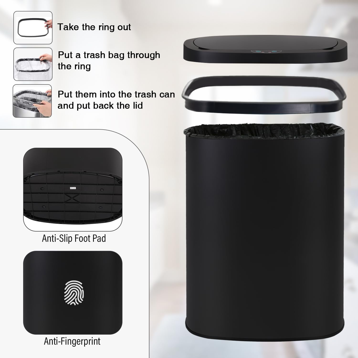 PayLessHere 13Gal Touchless Trash Can - Stainless Steel Auto Lid for Kitchen，Black