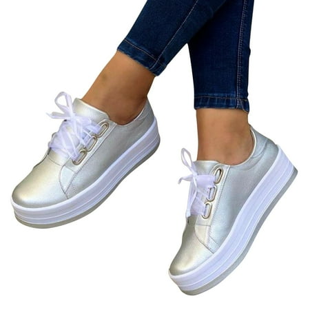 WQJNWEQ Women Fashion Shoes Round Toe Thick Heels Lace-up Casual Lightweight Spring Casual Sneakers Silver